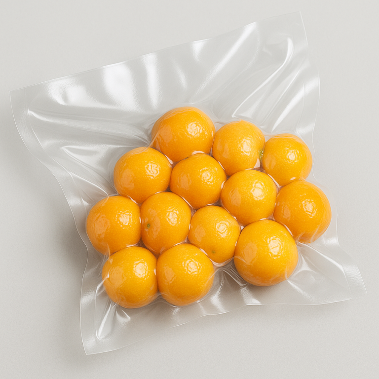 "Fresh oranges in clear vacuum sealed plastic bag - Plastvac food preservation packaging"