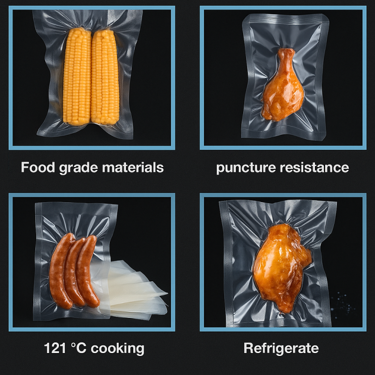 Top Left Image: "Food grade vacuum sealed corn cobs in clear plastic packaging by Plastvac" Top Right Image: "Puncture resistant vacuum packaging preserving cooked chicken leg - Plastvac food packaging" Bottom Left Image: "High temperature 121°C cooking vacuum bags with sausages and cheese - Plastvac heat resistant packaging" Bottom Right Image: "Refrigerated vacuum sealed roasted chicken in clear plastic bag - Plastvac food storage solutions"