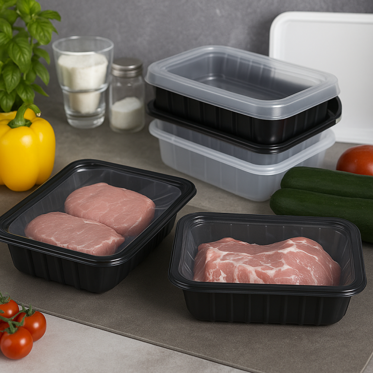 "Black plastic food containers with clear lids containing fresh meat for meal prep - Plastvac food packaging"